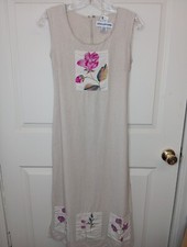 Boho Cottagecore Women's Dress Small Beige Linen Blend Floral Midi Sleeveless 