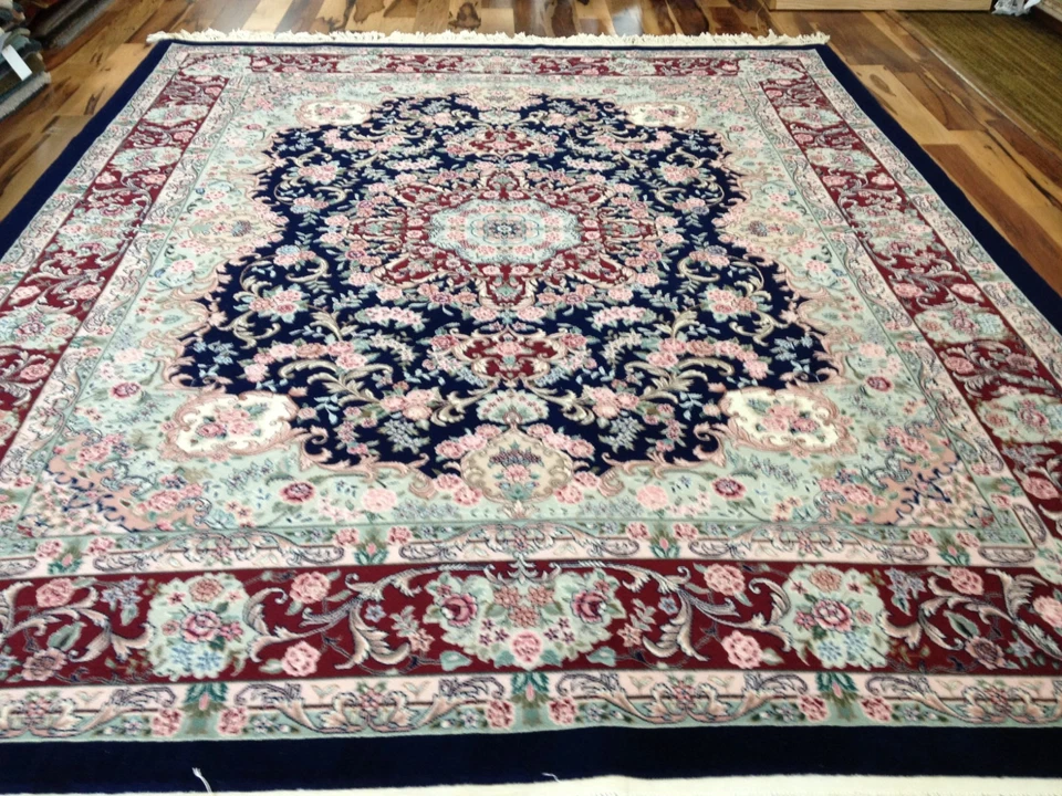 Alfombra oriental anudada a mano de lana y seda fina 8 x 10 Foto 2 de 4