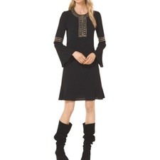 MICHAEL KORS NEW Women's Black Studded Bell-sleeve Crepe A-Line Dress XS TEDO