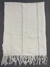 Tablecloth White Linen Rectangle Braided Fringe Blue Stripe 60 X 49 FLAWS