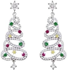 Christmas Tree Dangle Stud Earrings Gift For Women's 925 Silver Multi-Stone CZ