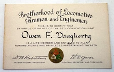 Vintage Membership Card "Brotherhood of Locomotive Firemen & Enginemen" *