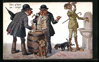 Artist postcard E. Schlemo: beer drinkers with dachshund enjoy themselves over a water 