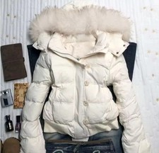 Puffer Jacket Fur Lined Hood White Women's Button Zip Up Vintage Style S