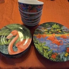 Evolution Sakura Melamine Service For 8 Plates Bowls Flamingo Tropical 24 Piece