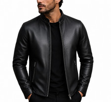 Mens Genuine Sheepskin Leather Jacket Black Slim Fit Motorcycle Biker Coat