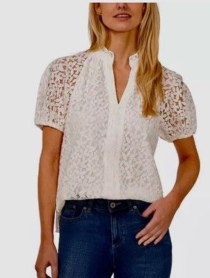 CeCe L New Ivory Floral Lace Puff Sleeve Split Neck Top Blouse Cottagecore Lined