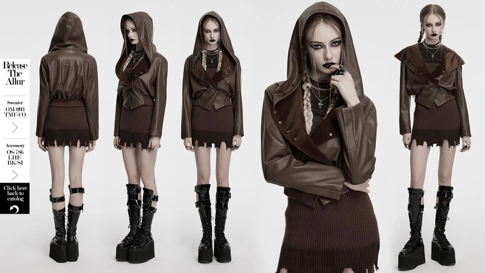 Chaqueta corta Punk Rave para mujer negra gótica punk solapa cuero con capucha Foto 4 de 4