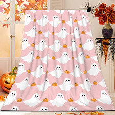 Cute Ghost Pumpkin Throw Blanket for Couch Sofa Living Room Pink Halloween Blank