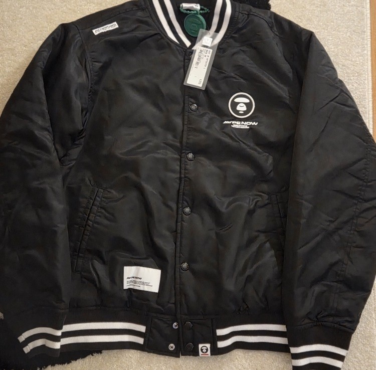 AAPE A Bathing Ape Now Varsity Baseball Jacket Black White Men's