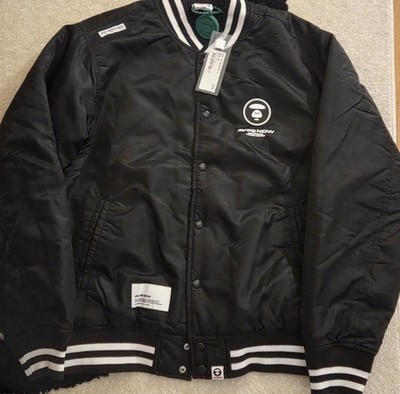 美品 AAPE NOW SWEAT VARSITY JACKET AAPE A Bathing Ape Now Varsity Baseball Jacket Black White Men's