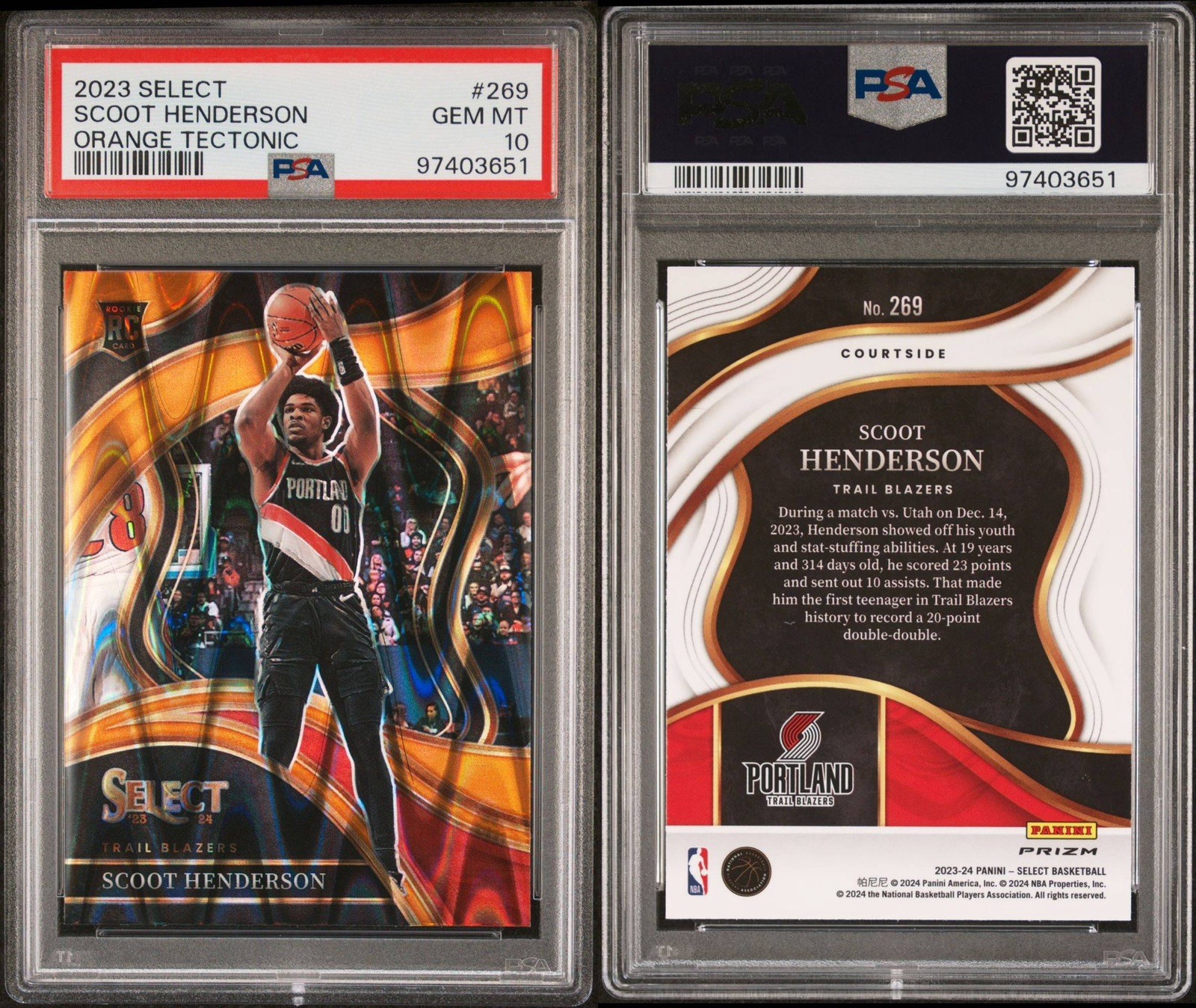 2023-24 Panini Select Scoot Henderson Orange Tectonic Courtside RC SP PSA 10