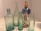 Vintage Colored Glass Lot Of 5 Bottles. Green Glass. Bottle Shaped Like Man.