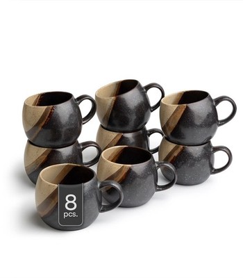 Kaffeetassen 8er Set Kaffeebecher Teetasse Keramik matt Schwarz Braun 480 ml