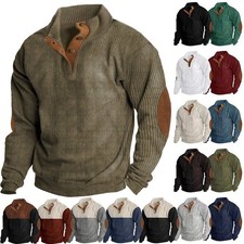 Mens Corduroy Jumper Pullover Ribbed Stand Collar Sweater Elbow Patch UK