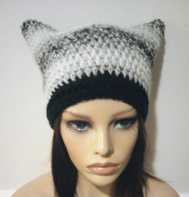 crochet womans handmade hat kitty cat ears beanie cream black wool blend