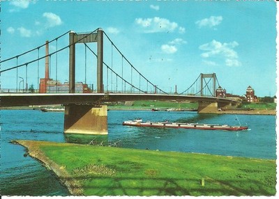 Postcard Duisburg Rhine Bridge, Cargo Ship, Factory - 1969 used Animal Park Stamp!