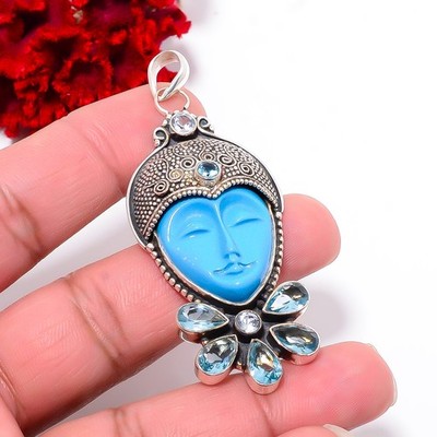 Turquoise & Blue Topaz 925 Sterling Silver Oxidised Goddess Pendant 2.6'' P101742