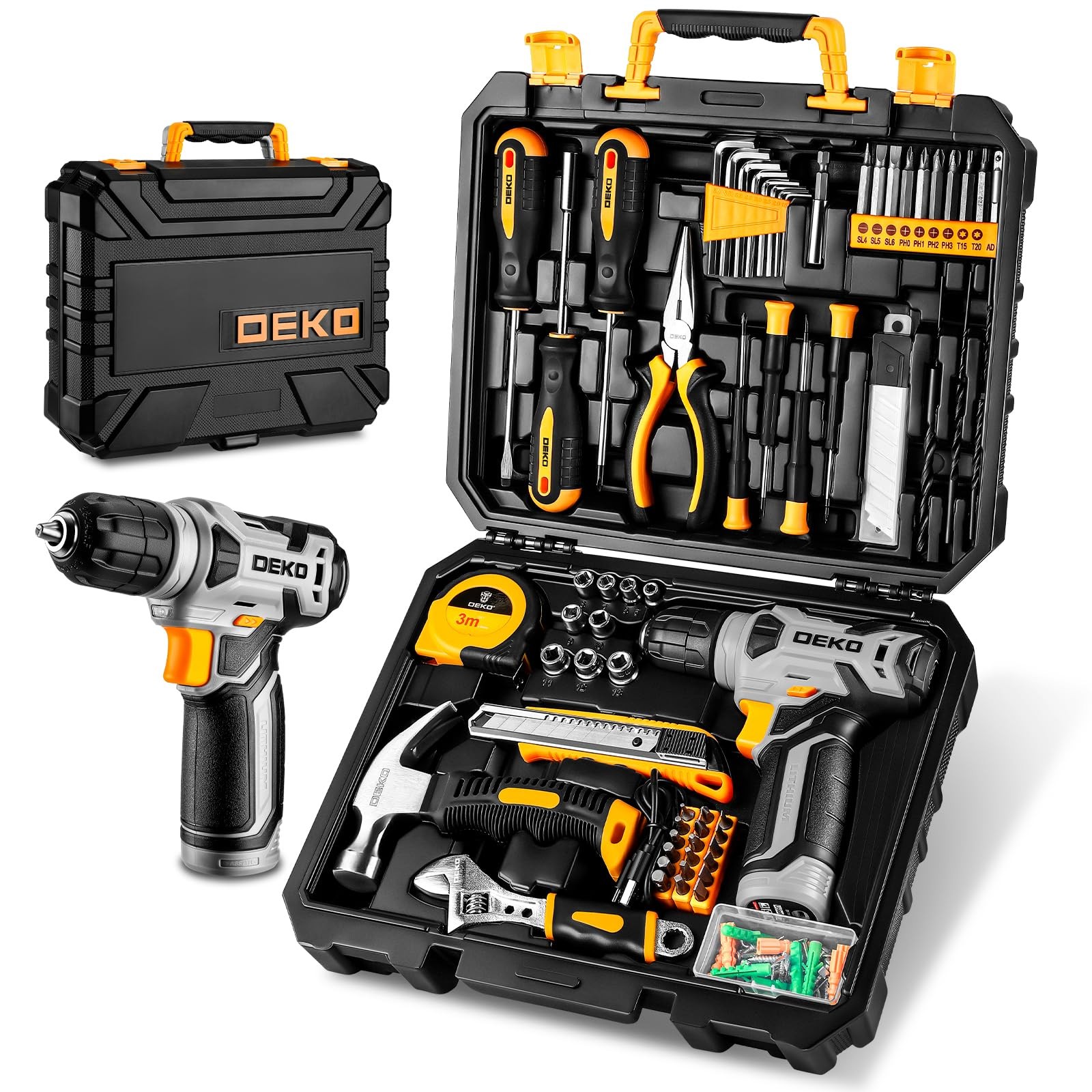 DEKO Cassetta Attrezzi Completa con Trapano Avvitatore Batteria 8V 126 Pezzi