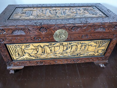 Vintage Chinese Chest Luggage Box Carved Wood Ships Brown 34.5”x18