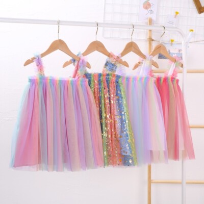 Kid Girl Tutu Skirt Mesh Rainbow Glitter Dress Sleeveless Fairy Party Show Cute | eBay Kid Girl Tutu Skirt Mesh Rainbow Glitter Dress Sleeveless Fairy Party Show Cute | eBay