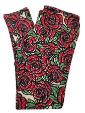 Lularoe Sketch Rose Floral TC Leggings Black Green Red Cream WOW NWOT