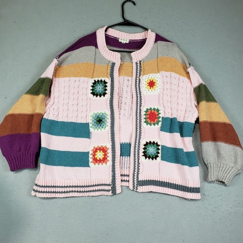 POL Chunky Cardigan Sweater Crochet Squares Patchwork Women's Size Small