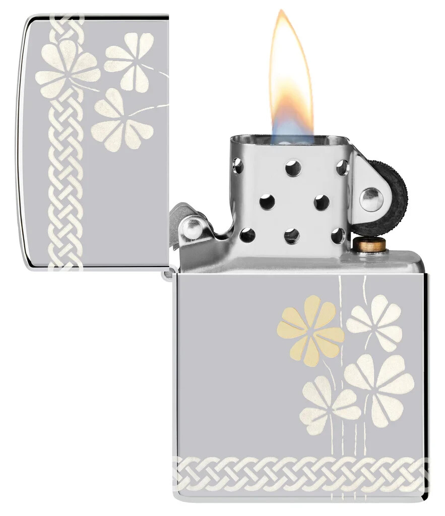 Zippo 48586, 4 Leaf Clover Lighter, High Polish Chrome Finish, 2 Sided,Laser 360