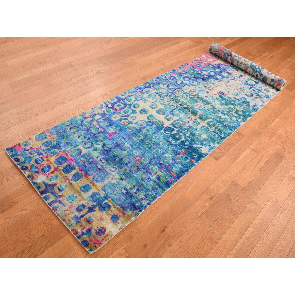 3'x12'4" Admiral Blue THE PEACOCK Sari Silk Hand Knotted Runner Rug G87681 - Image 3 of 4