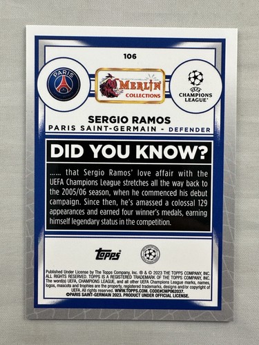 Sergio Ramos 2022-23 Topps Merlin UEFA UCC #106 Aqua Prism Refractor PSG - Picture 2 of 2
