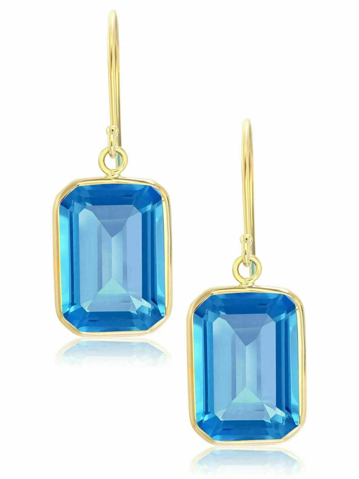 2Ct Emerald Cut Blue Topaz Drop & Dangle Women's Earrings 14k Yellow Gold Finish - Image 2 of 4