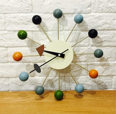 Wood Ball Wall Clock 13 in George Nelson Style Mid Century Modern