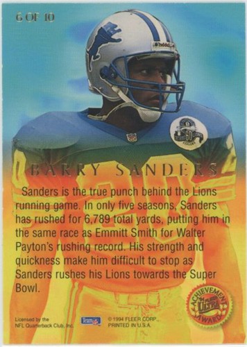 1994 Fleer Ultra Barry Sanders Achievement Award #6 - Picture 2 of 2