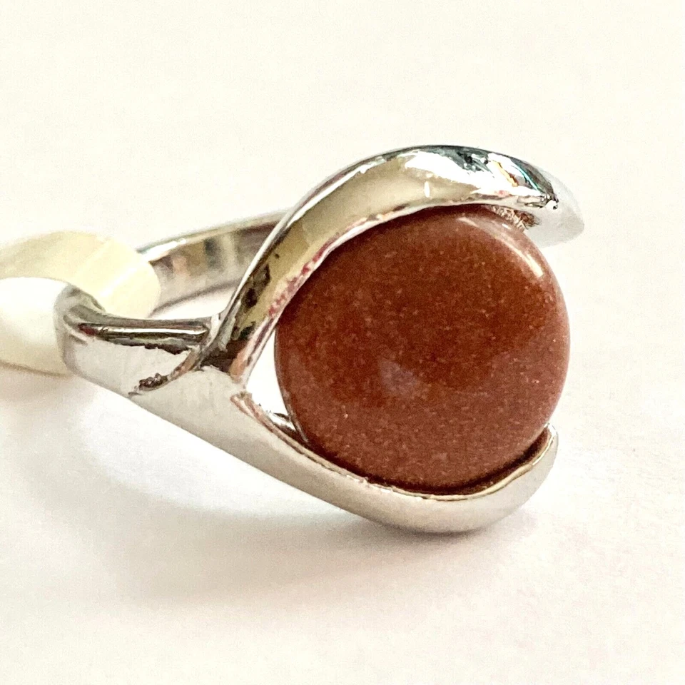 Anel semiprecioso vintage marrom cobre pedra dourada folheado a prata tamanho 8 pedra redonda - Imagem 2 de 4