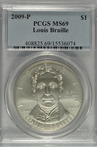 2009-P Louis Braille Commemorative Silver Dollar PCGS MS69 - Picture 1 of 5