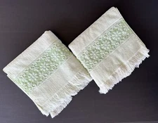 Vintage Bath Towels Lime Green Fringe Sculpted Flowers JcPenny Set of 2