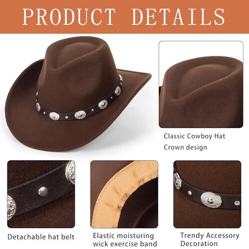 Western Damen Cowgirl-Hut mittelgroß braun-runde Schnalle Gürtel Dekor Träne - Bild 7 von 7