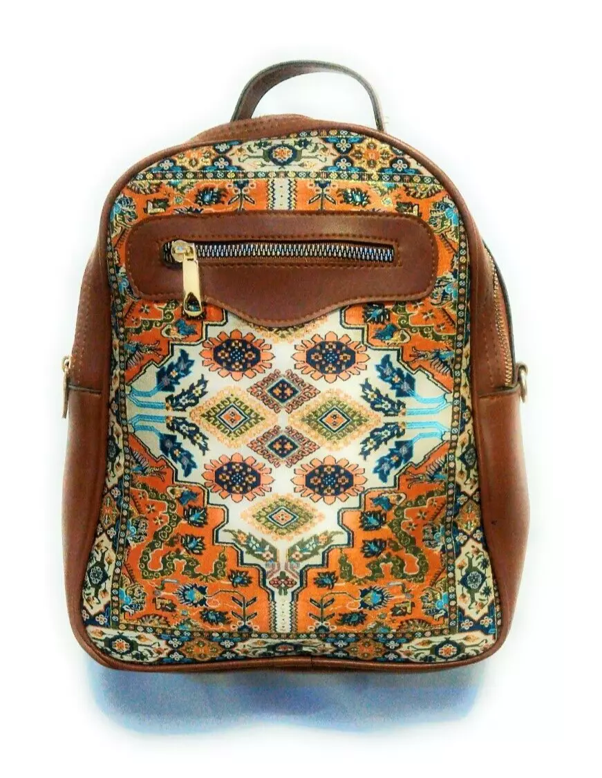 Ladies Girls Turkish Boho Ethnic Floral Rucksack Backpack Travel School Brown