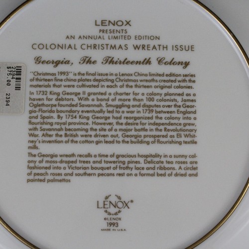 Vintage Lenox Colonial Christmas Wreath Decorative Plate 1993 Georgia 13th USA - Picture 5 of 12