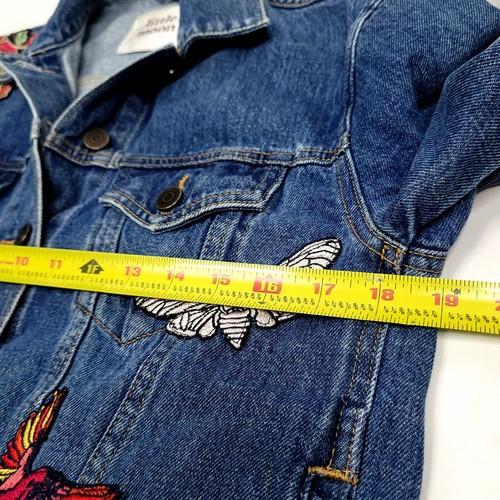 Little Moon Womens Denim Jacket XS Blue Bird Flowers Embroidered Oversized - Picture 7 of 12