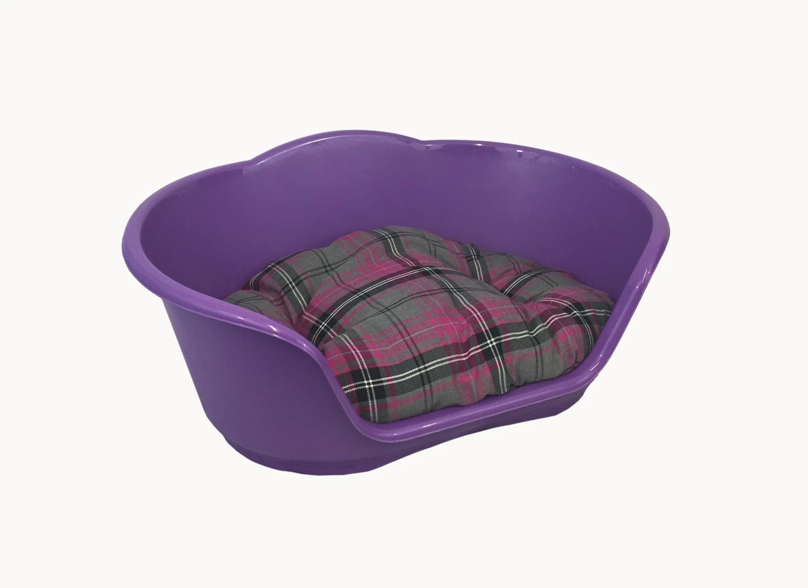 MEDIUM PLASTIC PURPLE BED WITH PINK TARTAN CUSHION PET BED DOG CAT SLEEP BASKET