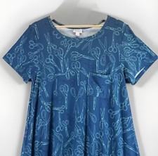 LuLaRoe Midi Dress L Short Sleeve Pocket Scissors Hairdresser Salon Blue Green