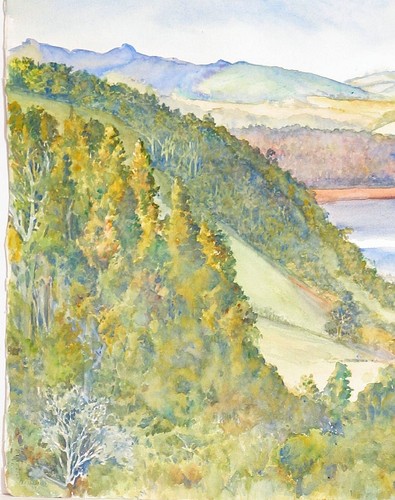 Acuarela grande original John Flexmore ""Blue Lake, Mount Gambier"". Sin marco - Imagen 3 de 5
