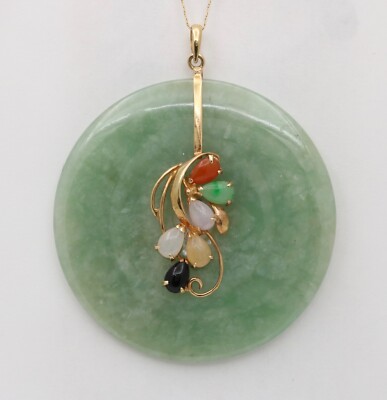 Large Vintage Jade Multistone 14K Yellow Gold Pendant