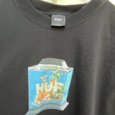 HUF Men's XL Black Cotton Graphic Aquarium Logo T-Shirt Crew Neck