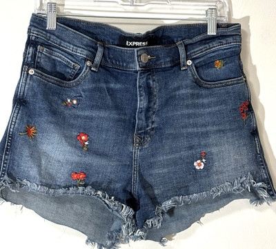 Express Embroidered Midi Shorts Blue Floral High Rise Cut Off Bohemian Size 12
