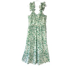 Grace Karin Green Floral Midi Dress XL Pullover V-Neck Sleeveless Ruffle Straps