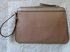 Guess Wristlet Clutch Strapped Tan Logo