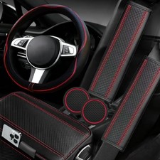 6 PCS Car Microfiber Leather Steering Steering Wheel Cover Set Black with red