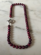 Ladies Necklace Deep Red Grape Pearls With A Silver Bar And Loop Closure
